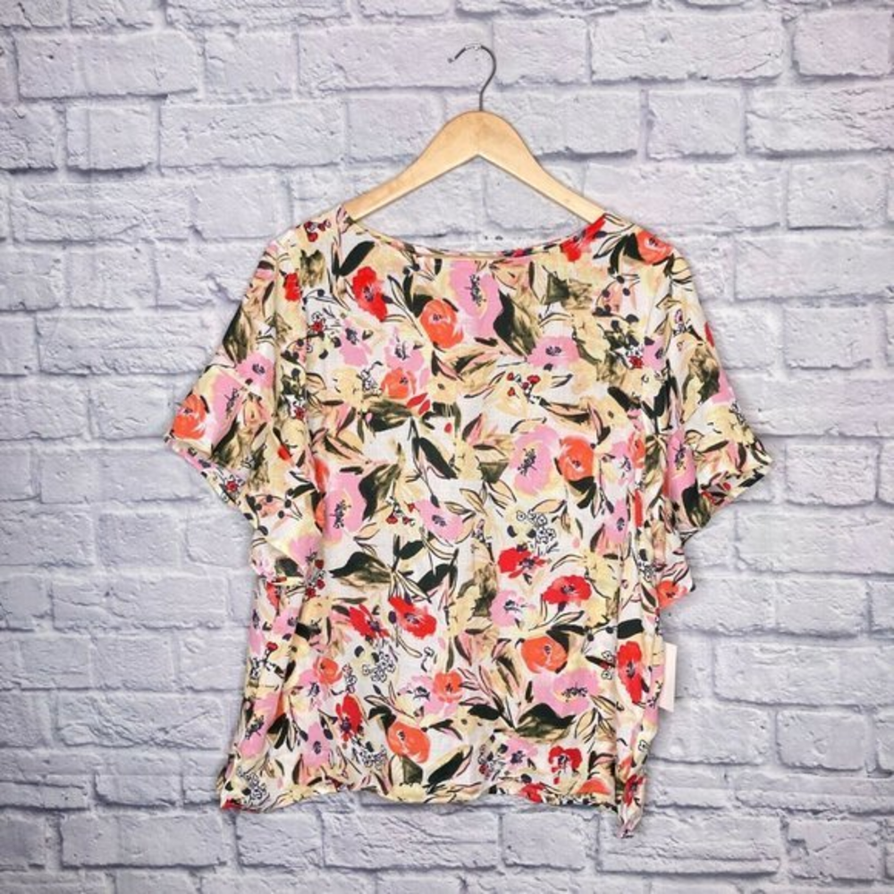 New‎ Ellen Tracy Large L White Pink Floral Ruffle Sleeve Boxy Fit Top Blouse